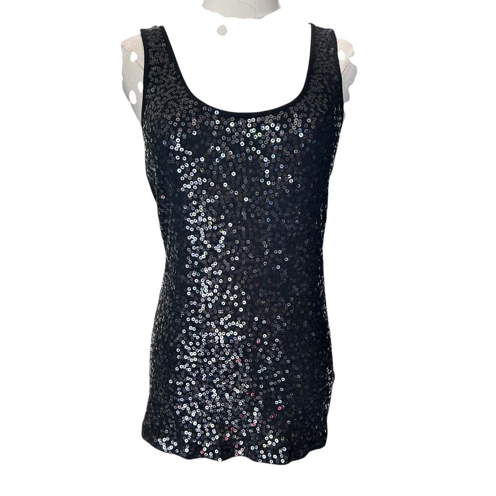 Express Tank Top Black Sequin Y2K 90's Goth Evening Summer Ribbed Size Med